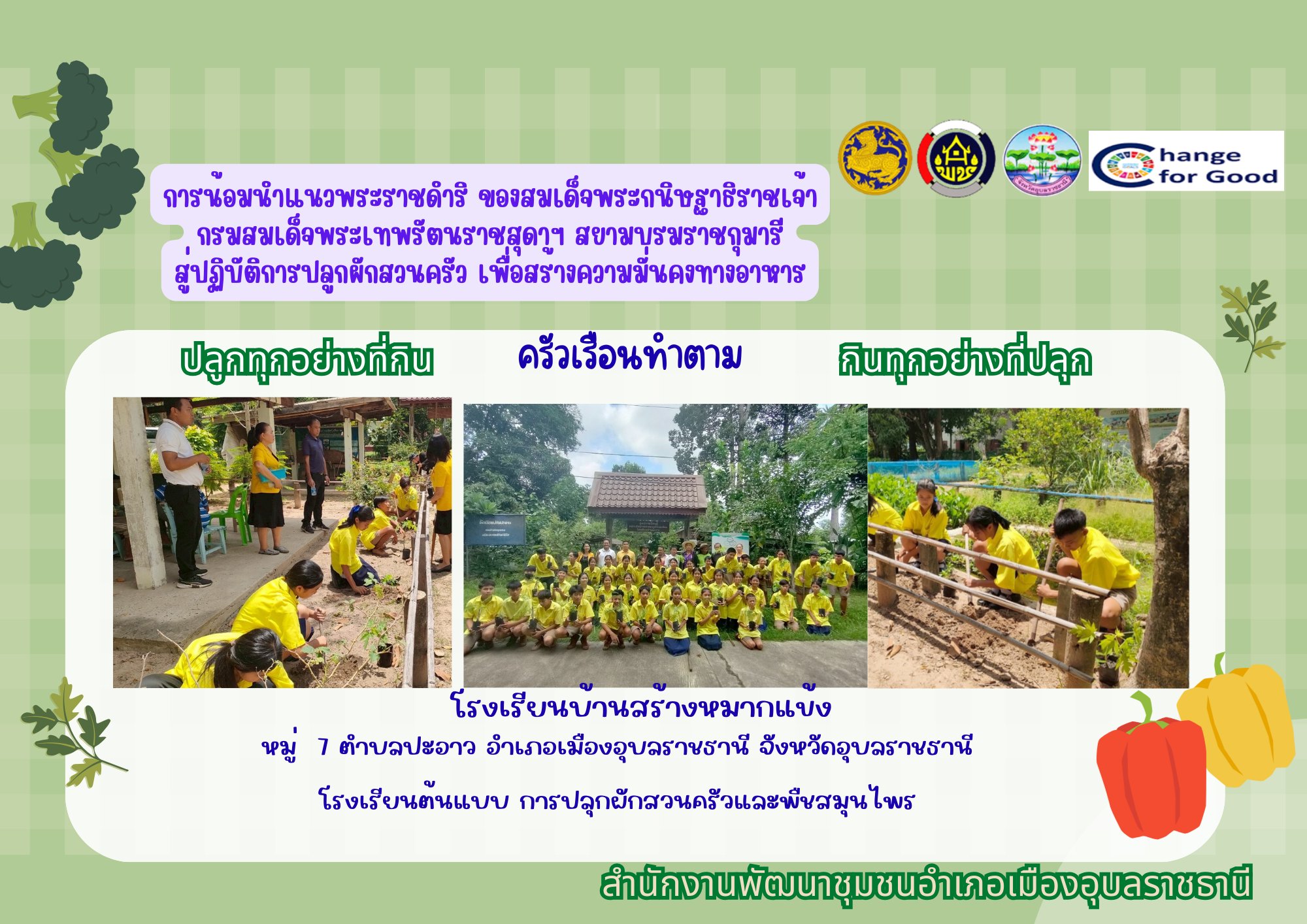 ส่งเสริมครัวเรือนปลูกพืชผักสวนครัว ตามแนวทาง “ปลูกทุกอย่างที่กิน กินทุกอย่างที่ปลูก” โรงเรียนบ้านสร้างหมากแข้ง  หมู่ที่ 7  ตำบลปะอาว  อำเภอเมืองอุบลราชธานี จังหวัดอุบลราชธานี